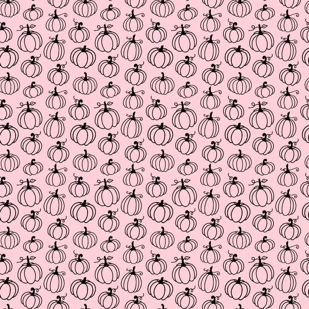 Pattern of black outlined pumpkins on a pink background, arranged in evenly spaced rows and columns.