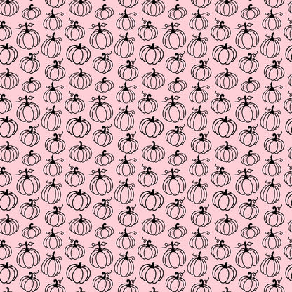 Pattern of black outlined pumpkins on a pink background, arranged in evenly spaced rows and columns.