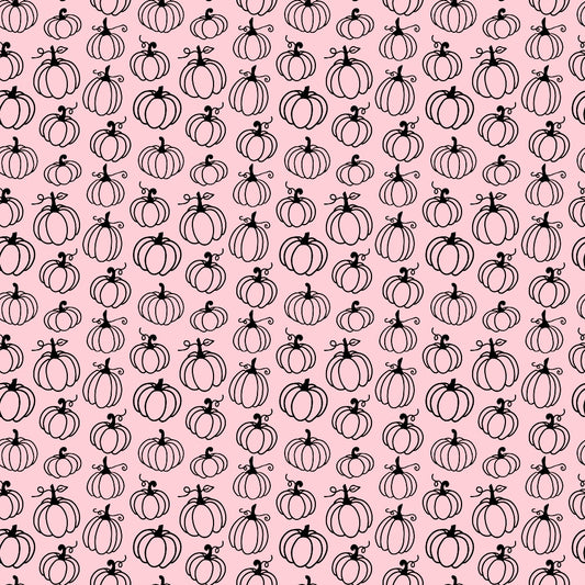 Pattern of black outlined pumpkins on a pink background, arranged in evenly spaced rows and columns.