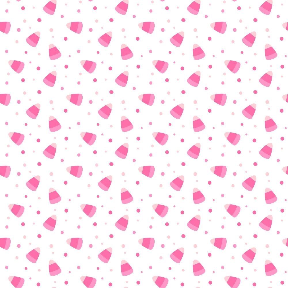 A pattern of pink candy corn and small pink dots scattered on a white background.