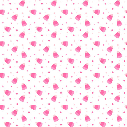 A pattern of pink candy corn and small pink dots scattered on a white background.