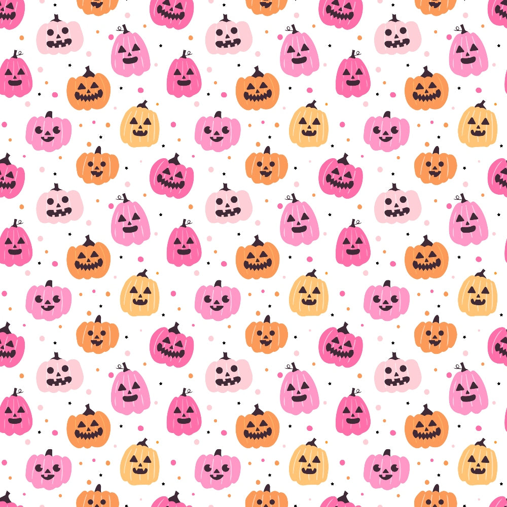 Pattern of pink, orange, and yellow pumpkins with various facial expressions on a white background.