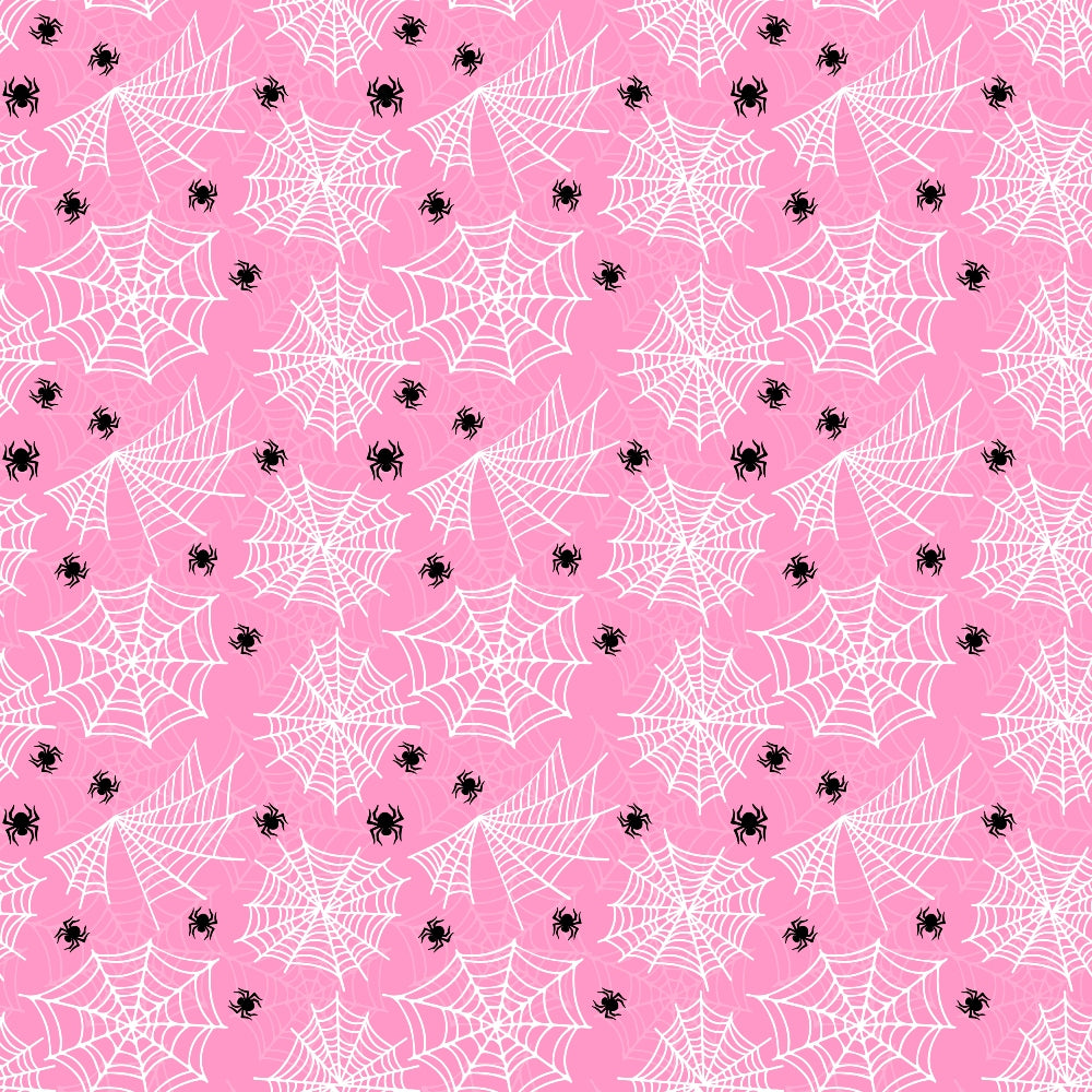 Pattern of white spiderwebs and black spiders on a pink background.