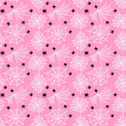 Pattern of white spiderwebs and black spiders on a pink background.