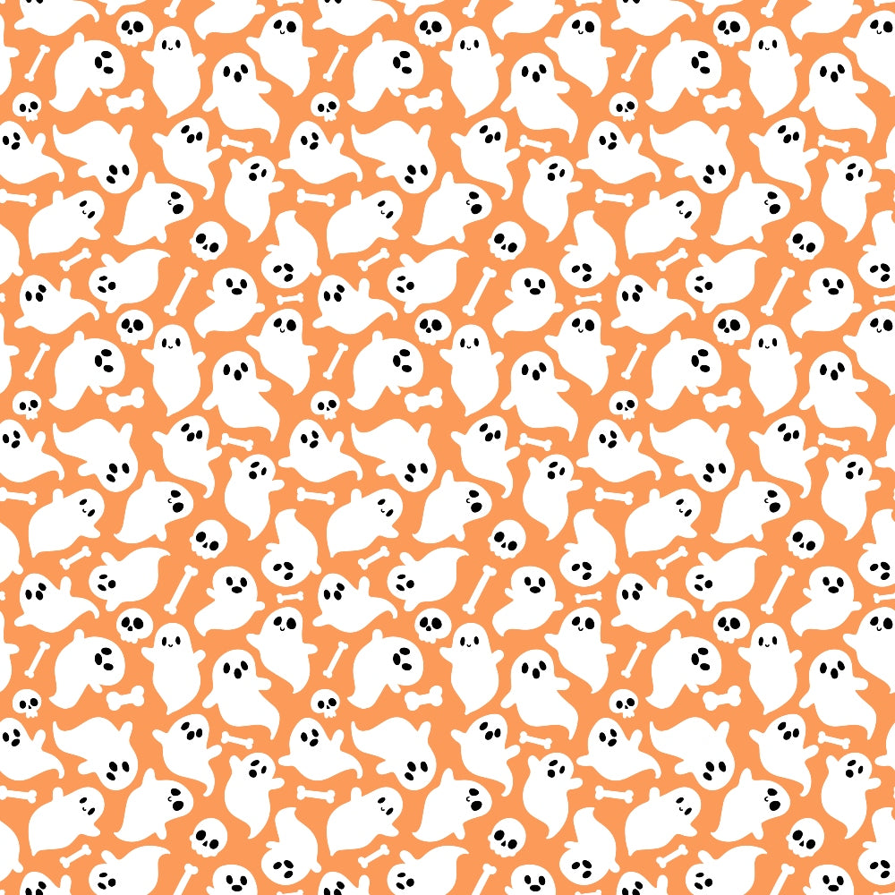 Pattern of white ghosts, black skulls, and bones scattered on an orange background.