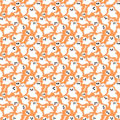 Pattern of white ghosts, black skulls, and bones scattered on an orange background.