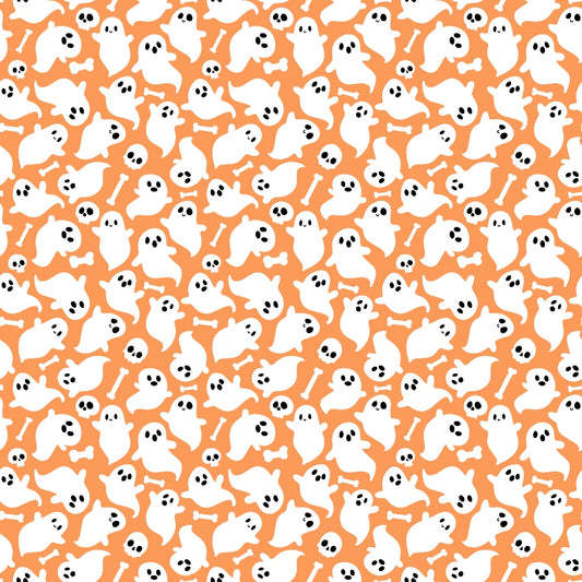 Pattern of white ghosts, black skulls, and bones scattered on an orange background.