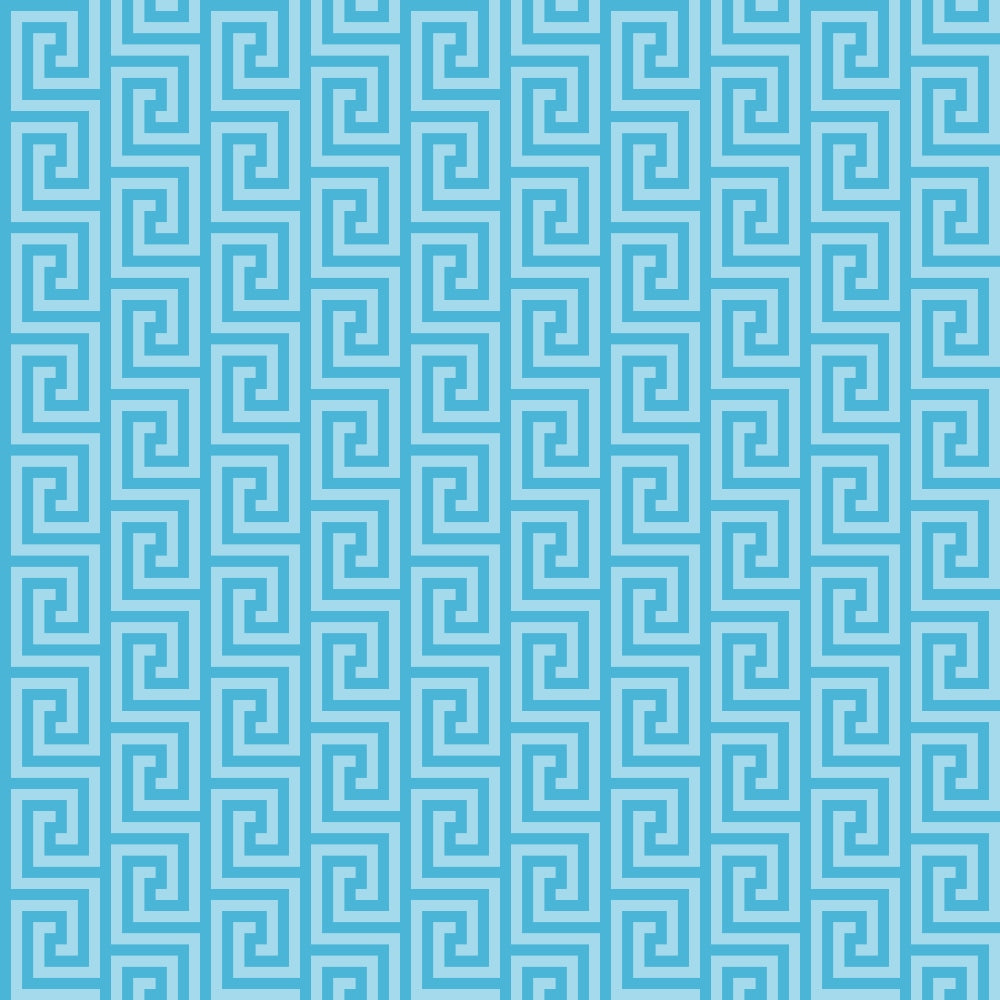 Turquoise Greek key pattern on a light blue background, featuring a series of interlocking square spirals arranged in vertical columns.