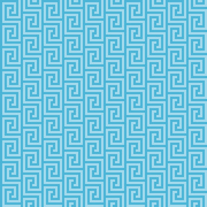 Turquoise Greek key pattern on a light blue background, featuring a series of interlocking square spirals arranged in vertical columns.