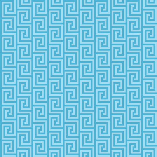 Turquoise Greek key pattern on a light blue background, featuring a series of interlocking square spirals arranged in vertical columns.