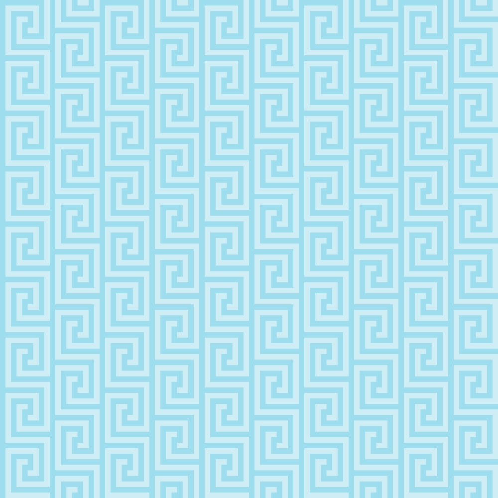 A seamless geometric pattern featuring light blue Greek key designs on a slightly darker blue background.