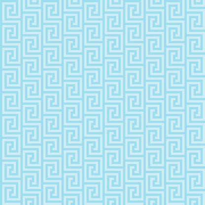 A seamless geometric pattern featuring light blue Greek key designs on a slightly darker blue background.