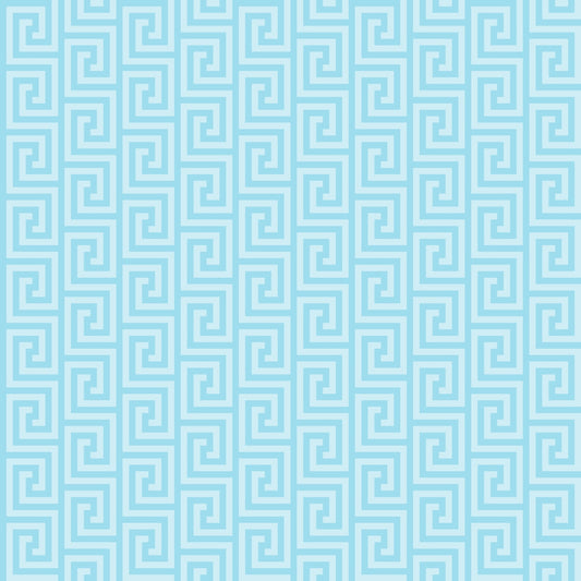 A seamless geometric pattern featuring light blue Greek key designs on a slightly darker blue background.