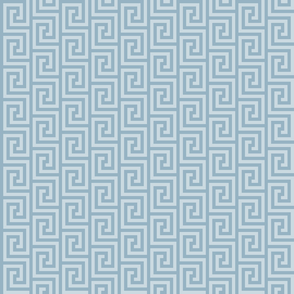 A seamless blue Greek key pattern with interlocking spiral shapes on a light background.