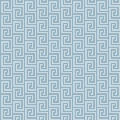 A seamless blue Greek key pattern with interlocking spiral shapes on a light background.