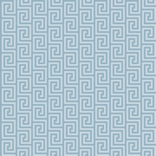 A seamless blue Greek key pattern with interlocking spiral shapes on a light background.