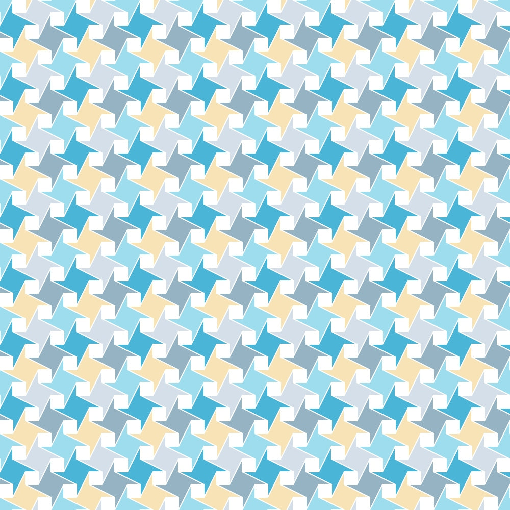 A repeating geometric pattern with interlocking shapes in teal, yellow, and white forming an optical illusion effect.