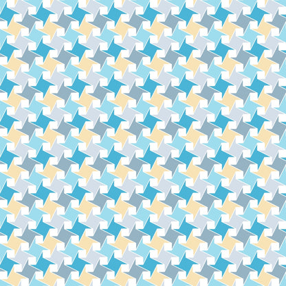 A repeating geometric pattern with interlocking shapes in teal, yellow, and white forming an optical illusion effect.