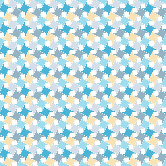 A repeating geometric pattern with interlocking shapes in teal, yellow, and white forming an optical illusion effect.