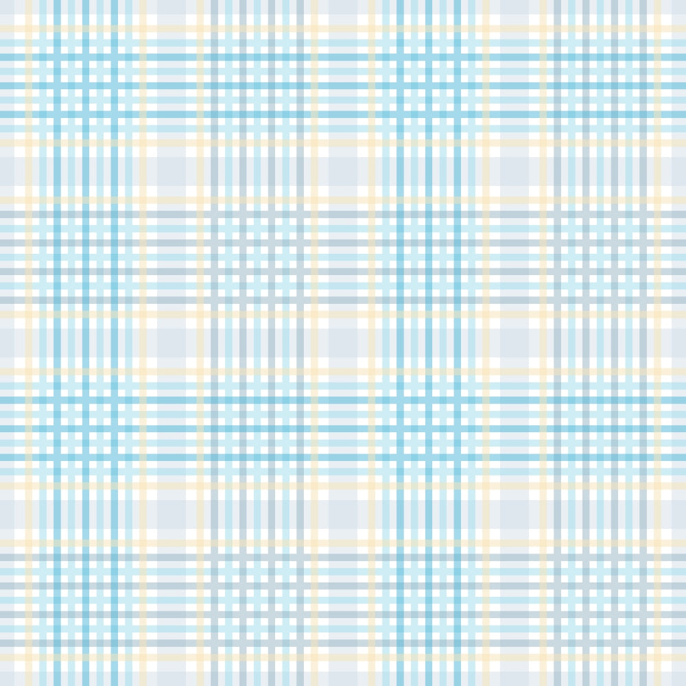 A plaid pattern with intersecting blue, white, yellow, and beige lines on a light background.