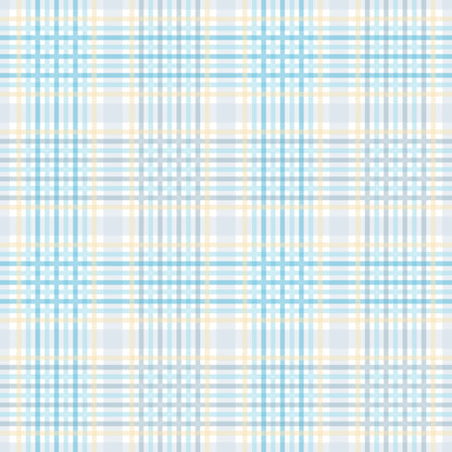 A plaid pattern with intersecting blue, white, yellow, and beige lines on a light background.