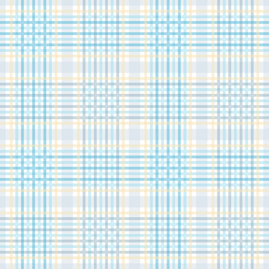 A plaid pattern with intersecting blue, white, yellow, and beige lines on a light background.