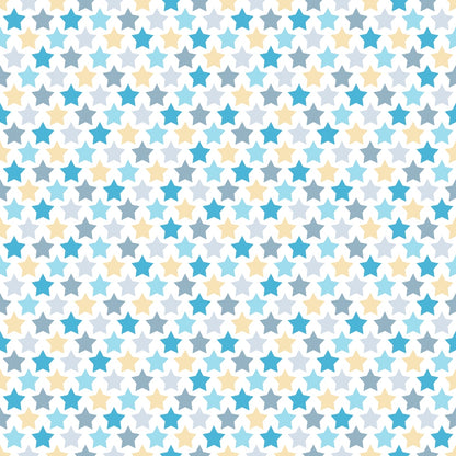 Pattern of small stars in blue, yellow, and gray on a white background, arranged in a repeating, evenly spaced design.