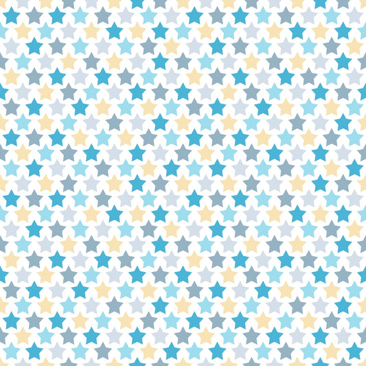 Pattern of small stars in blue, yellow, and gray on a white background, arranged in a repeating, evenly spaced design.