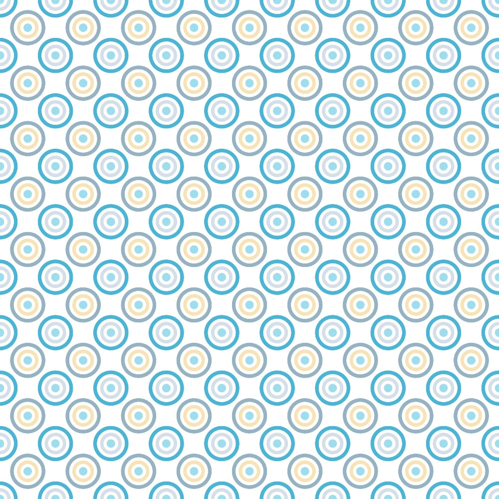 Pattern of blue, yellow, and white concentric circles on a white background, arranged diagonally across the image.