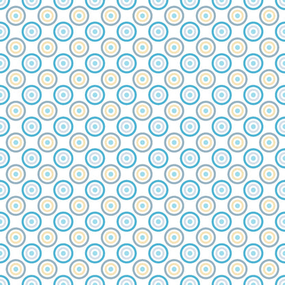 Pattern of blue, yellow, and white concentric circles on a white background, arranged diagonally across the image.