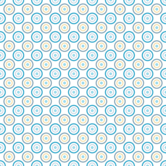 Pattern of blue, yellow, and white concentric circles on a white background, arranged diagonally across the image.