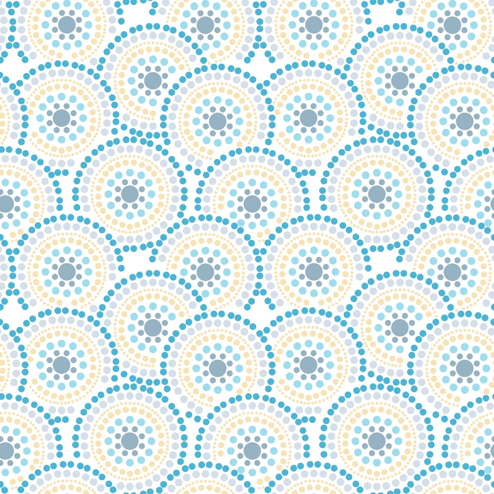 Circular geometric pattern with concentric rings of blue and beige dots on a white background.