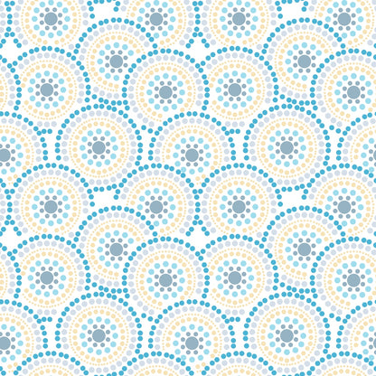 Circular geometric pattern with concentric rings of blue and beige dots on a white background.