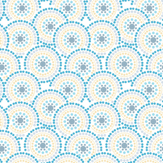 Circular geometric pattern with concentric rings of blue and beige dots on a white background.