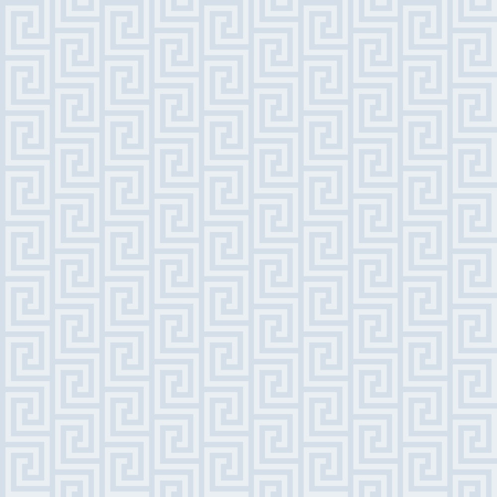 A seamless Greek key pattern with blue and white interlocking geometric shapes.