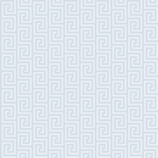 A seamless Greek key pattern with blue and white interlocking geometric shapes.