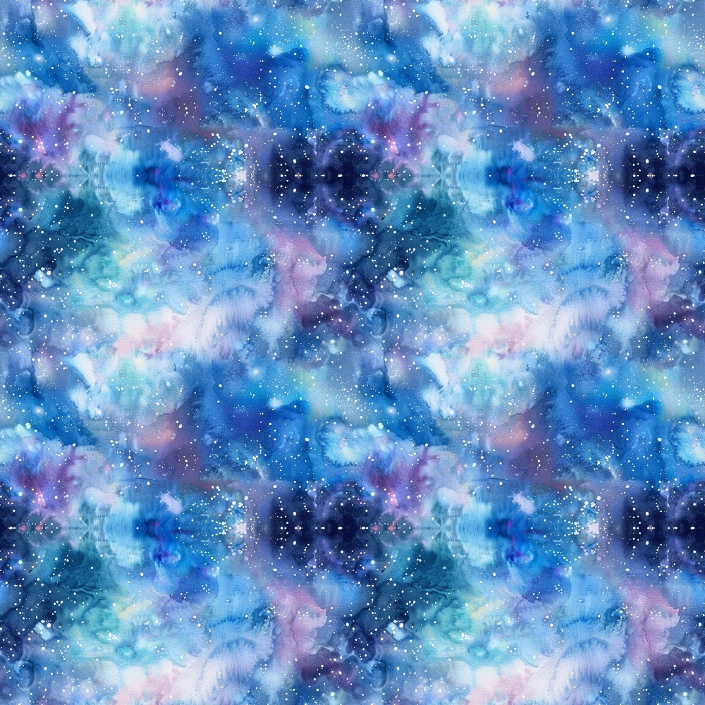 Abstract watercolor pattern with blue, purple, and pink hues, featuring white speckles resembling stars across the image.