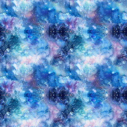 Abstract watercolor pattern with blue, purple, and pink hues, featuring white speckles resembling stars across the image.