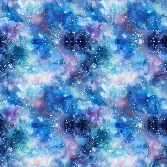 Abstract watercolor pattern with blue, purple, and pink hues, featuring white speckles resembling stars across the image.