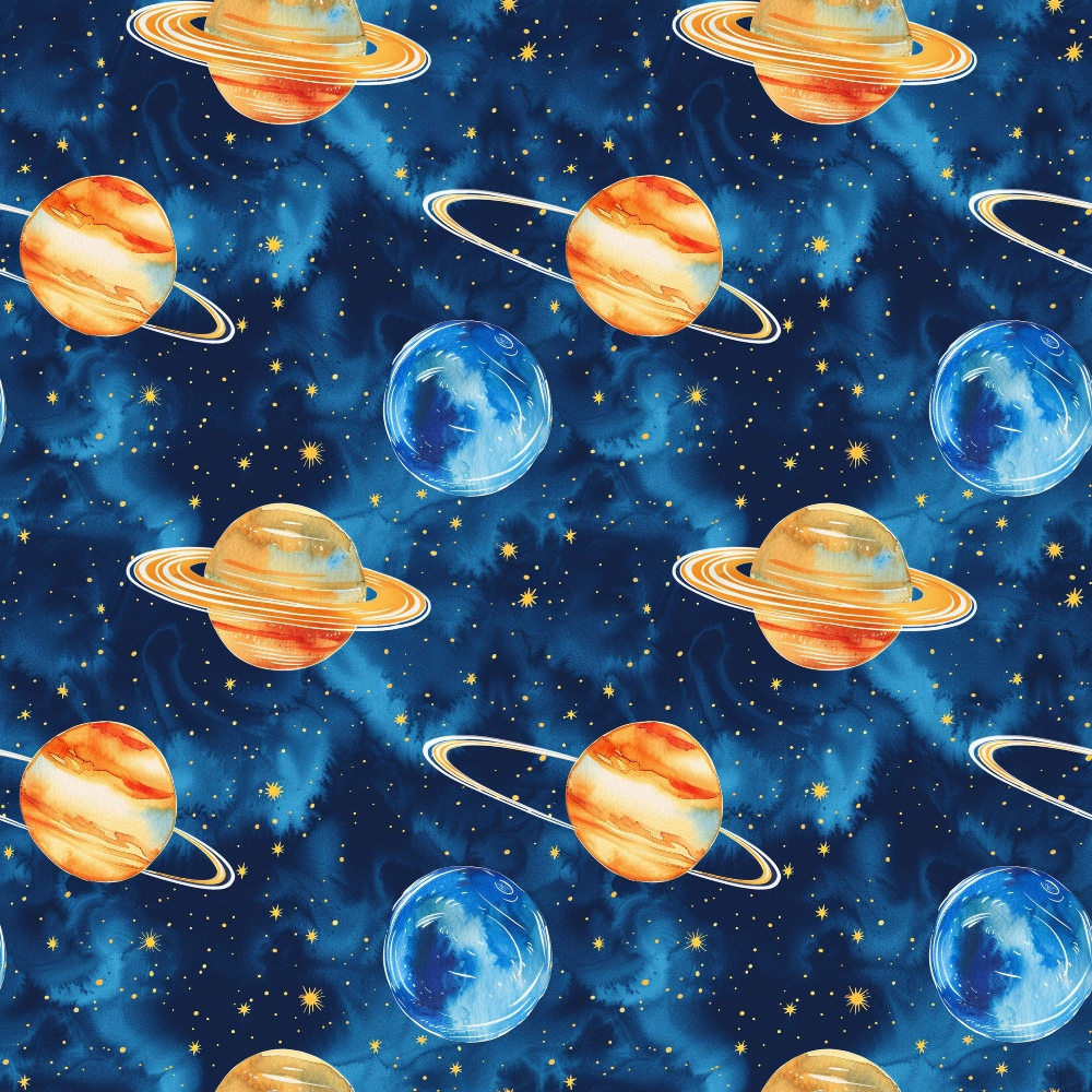 Pattern of illustrated planets with rings and stars on a dark blue textured background.