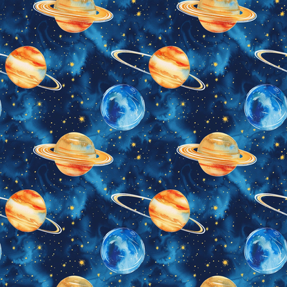 Pattern of illustrated planets with rings and stars on a dark blue textured background.