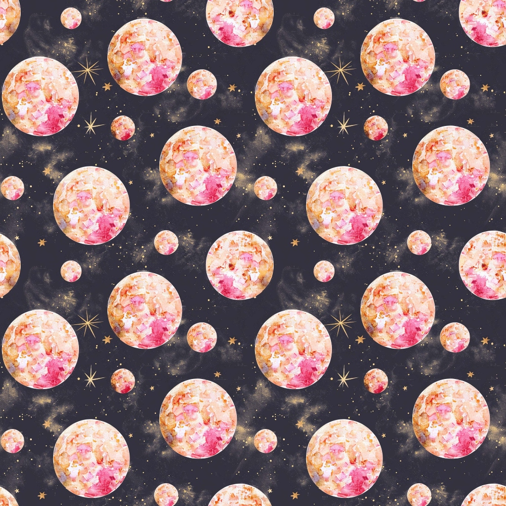 Pattern of watercolor-style pink and orange moons and golden stars on a dark background.