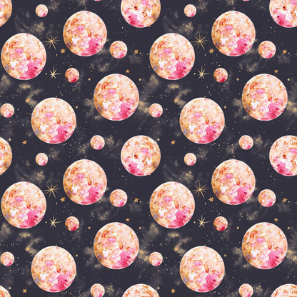 Pattern of watercolor-style pink and orange moons and golden stars on a dark background.