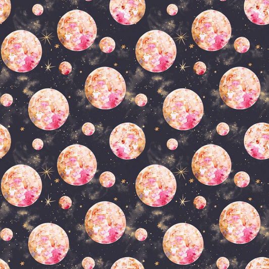 Pattern of watercolor-style pink and orange moons and golden stars on a dark background.