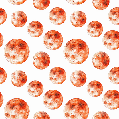 Pattern of red and orange watercolor circles resembling planets on a white background.