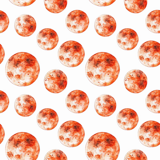 Pattern of red and orange watercolor circles resembling planets on a white background.