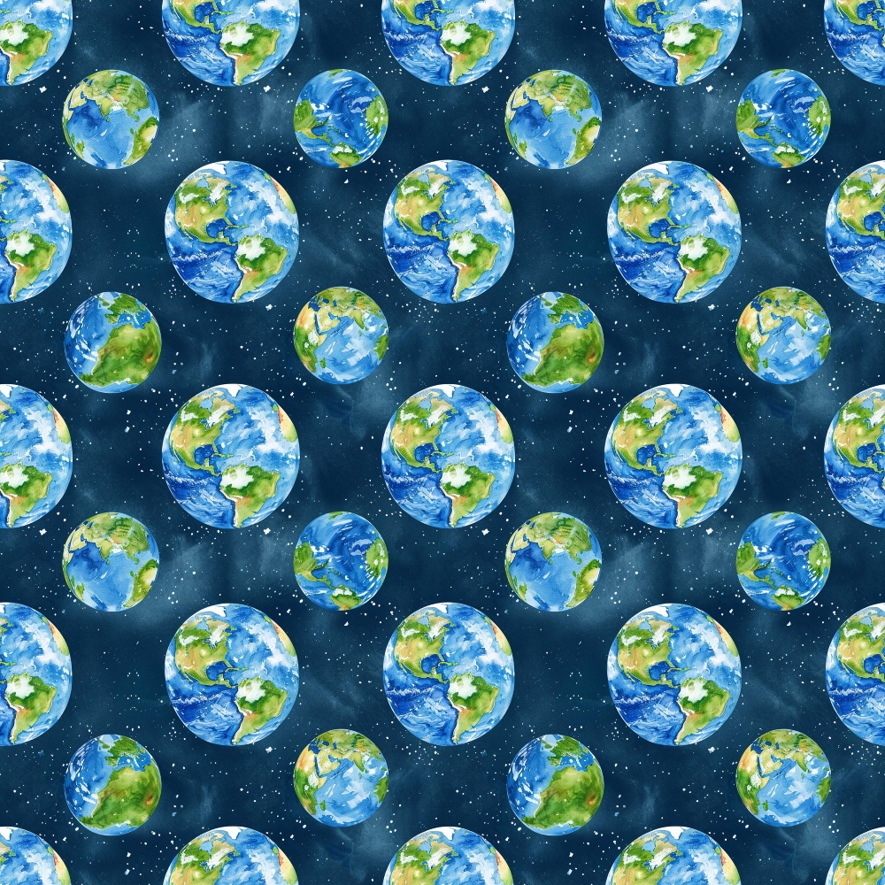 Illustrated pattern of Earths with various continents, set against a dark, starry background. Each globe is depicted from a slightly different angle.