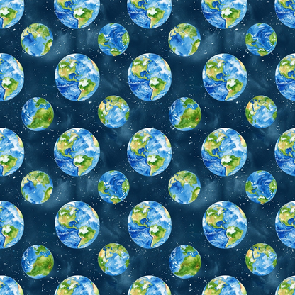 Illustrated pattern of Earths with various continents, set against a dark, starry background. Each globe is depicted from a slightly different angle.