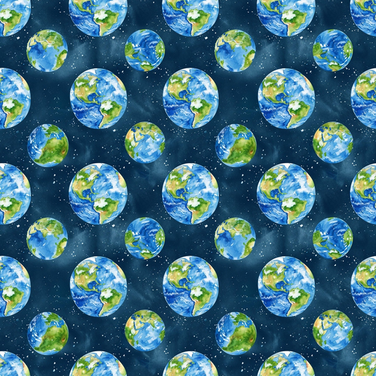 Illustrated pattern of Earths with various continents, set against a dark, starry background. Each globe is depicted from a slightly different angle.