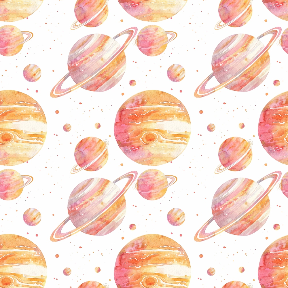 Pattern of watercolor planets with rings and various textures in orange and pink hues on a white background.